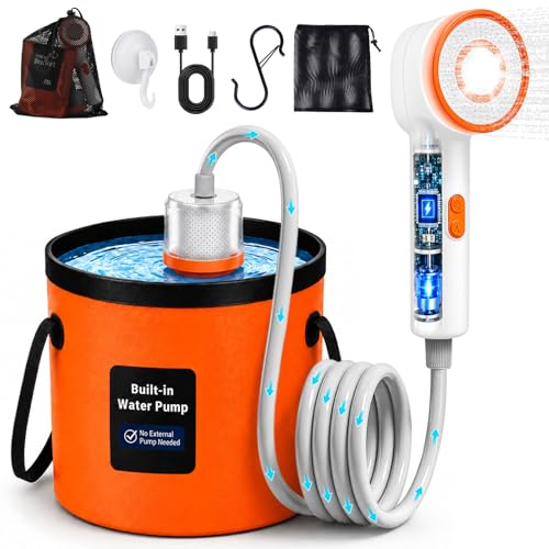 Rechargeable Portable Shower Head with 5.3 Gal Foldable Bag - USB-C LED Camp Shower, Car Wash & Pet Bathing (Orange)