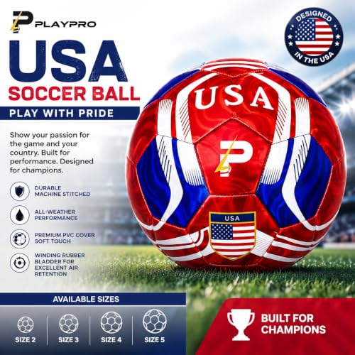 PLAYPRO Metallic Country Edition Soccer Ball - USA Red, Size 5, Official Match Standard
