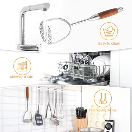 Tuyotue Heavy Duty Stainless Steel Potato Masher with Brown Wooden Handle, Professional Veggie & Meat Mincer