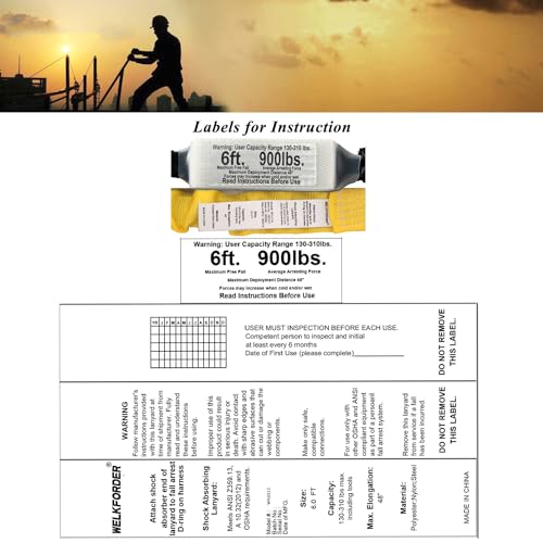 6-Foot Shock Absorber Stretchable Safety Lanyard with Double Snap Hook Connectors ANSI Z359.13-2013 Compliant Fall Protection Equipment