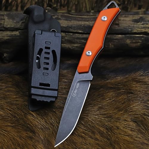 BA-KOR 9Cr18MoV Full Blade Fixed Knife C10 Stem (Orange) with G10 Handle, 8in, 4mm Thick, Stone-Washed Finish, Kydex Sheath for Camping & Survival