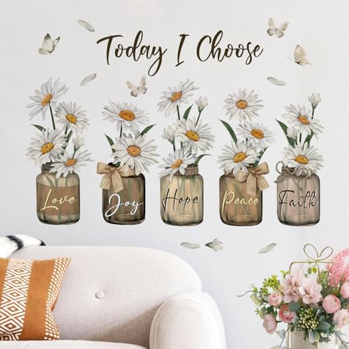 Yovkky Inspirational Quote Daisy Flower Wall Decals Stickers, Positive Today I Choose Love Joy Hope Peace Faith Home Bedroom Decor, Floral Mason Jar Butterfly Living Room Kitchen Decorations Art
