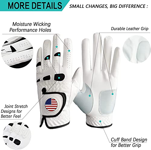 Golf Gloves for Men - Left/Right Hand - 3 Pack - White Large