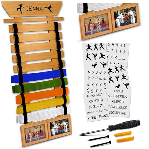 Bamboo Karate Belt Display Rack for 10 Belts with Custom Stickers & Hanging Kit - Optimus Depot