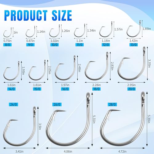9/0 Tuna Circle Hooks - Stainless Steel Big Game Fishing Hooks, 20pcs