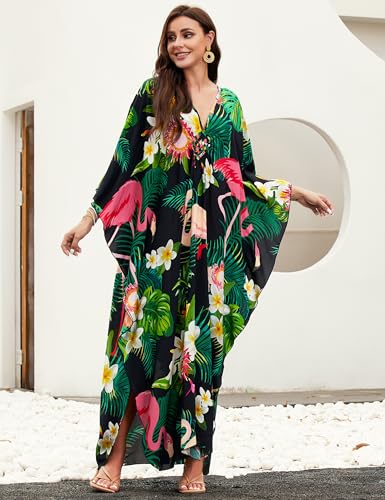 MAKABO Multicolor Flamingo Kaftan Dress for Women V-Neck Cover Up