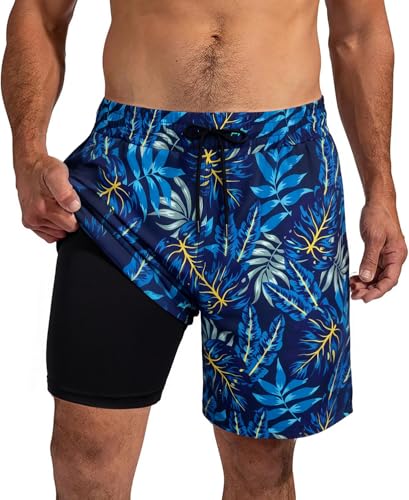Men's Swim Trunks with Compression Liner - 7" Quick Dry - XX-Large Blue Palm Leaf