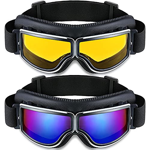 Frienda 2 Pack Motorcycle Goggles Vintage Pilot Style Cruiser ATV Dustproof Windproof Yellow & Blue