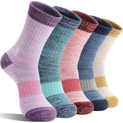 SAVALOS Merino Wool Hiking Socks 5 Pairs - Thermal Warm Moisture-Wicking Crew Socks for Women, Medium / Khaki/Red/Purple/Green/Dark