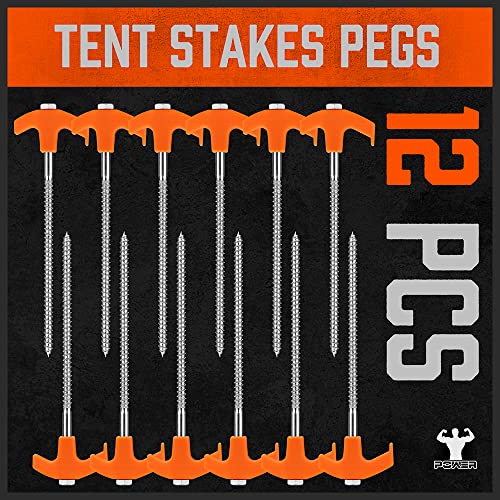 HORUSDY Heavy Duty Tent Stakes 12-Pack with 4 Ropes & T Pull Hook, 8 Inch