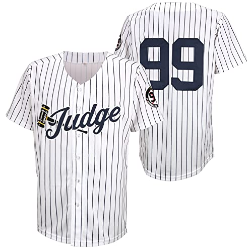 Men's Medium White 99 Baseball Jersey with Embroidered Patches & Navy Stripes