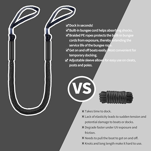 4-Foot Bungee Dock Lines for Boats - Heavy Duty Marine Mooring Ropes - Set of 2