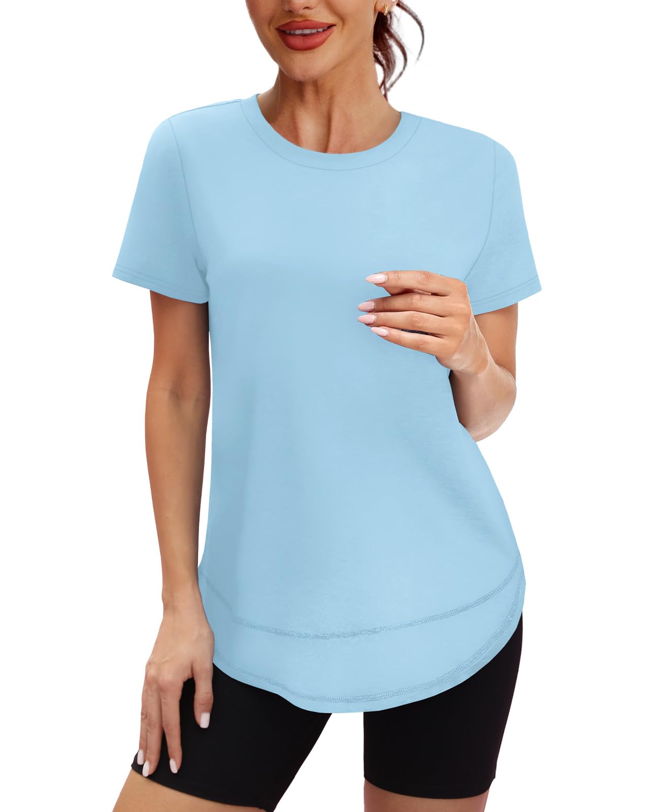 Short Sleeve Shirts for Women Workout Yoga Tops Sun Protection Clothing Summer Outfits Rash Guard Side Slit Blue XL