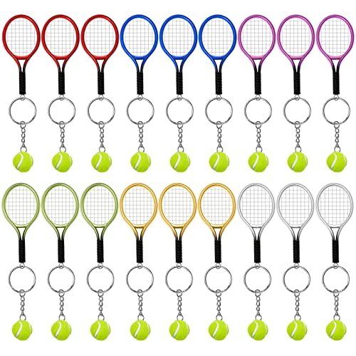 Mini Tennis Racket Keychain - 18 Pcs Split Ring in 6 Colors