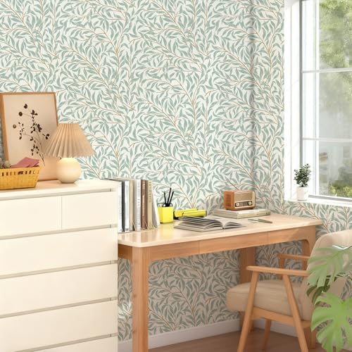 Peel and Stick Wallpaper for Home Decoration Kitchen Willow Leaf Wallpaper Removable Vinyl Self Adhesive Shelf Paper & Drawer Liner Roll House, Workshop & Office 17.3" x 118" SM-574-3