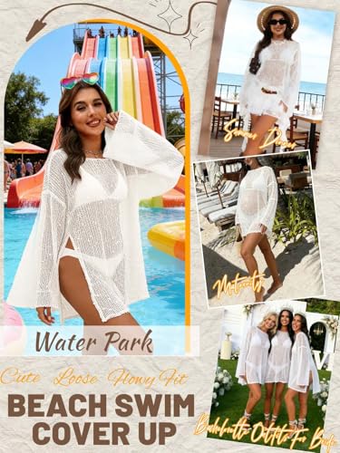 Women White Crochet Sheer Kaftan Coverup Large - Swimwear & Beachwear