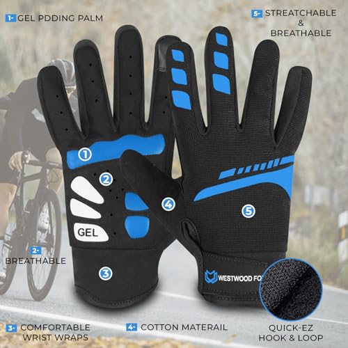 Full Finger Cycling Gloves - Anti-Slip Touchscreen Breathable - Blue / Large