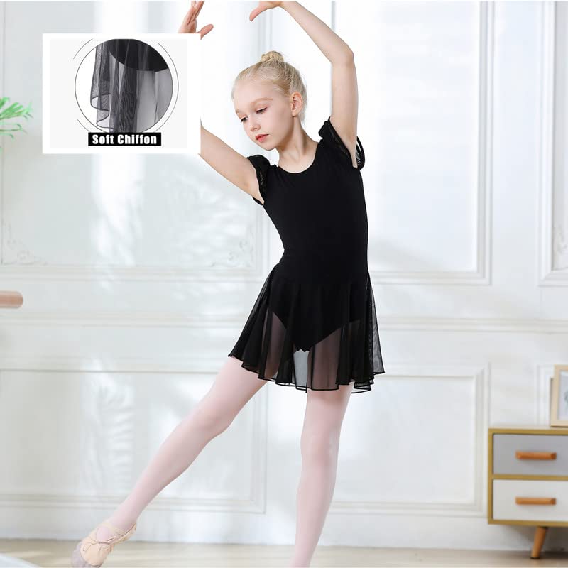Ballet Leotard with Skirt for Girls - Flutter Sleeve, Criss-Cross Back, 6-8 Years, Black