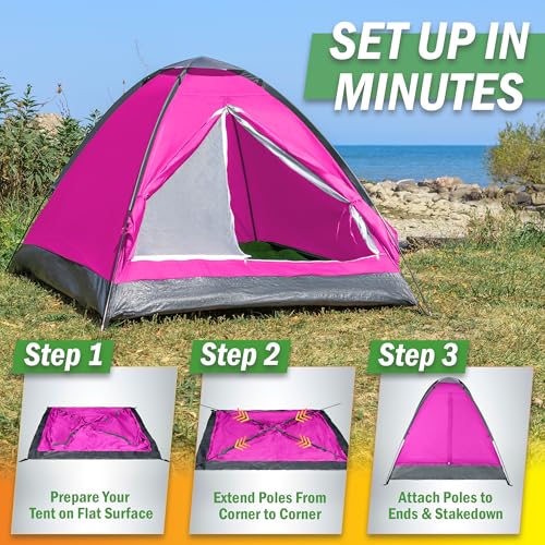Pink 2-Person Dome Camping Tent with Rain Fly & Carry Bag - Easy Setup