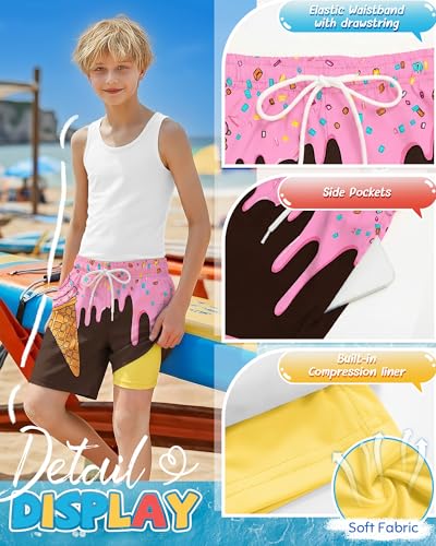 Boys Swim Trunks - Pink Blue Chocolate Drip Cone, 8-9 Years