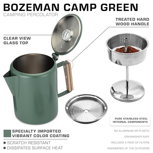 COLETTI Bozeman Color Series Percolator Coffee Pot Camp Green 9 Cup - No Aluminum or Plastic