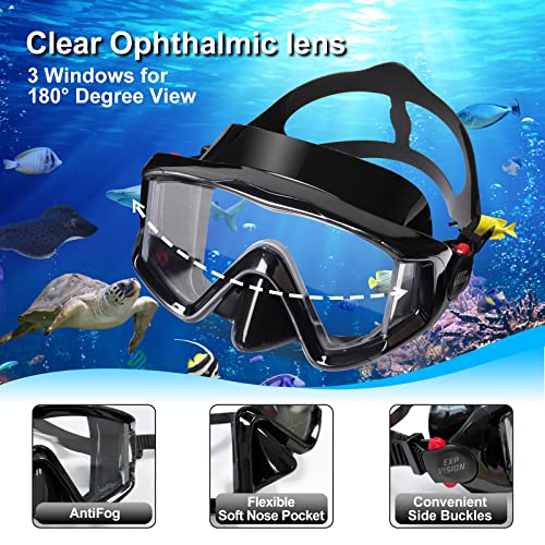 Adult Snorkel Set with 3 Window Mask & Dry Top Snorkel - Black