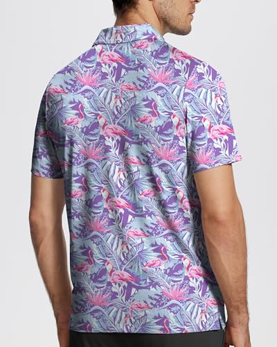 Funny Print Golf Polo Shirt for Men - Purple Flamingos, Medium