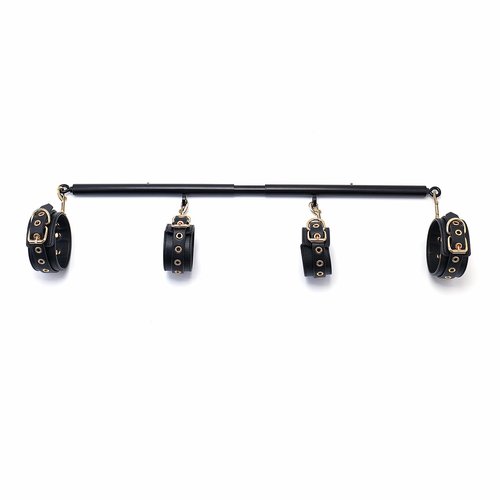 3 in 1 Heavy Duty Stainless Steel Expandable Black Spreader Bar with 4pcs PU Black-Gold Adjustable Straps,Workout Bar for Home Gym Training Bar,Portable Detachable Pilates Kit