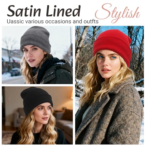 Satin Lined Beanie for Women - Warm Winter Hat, Black