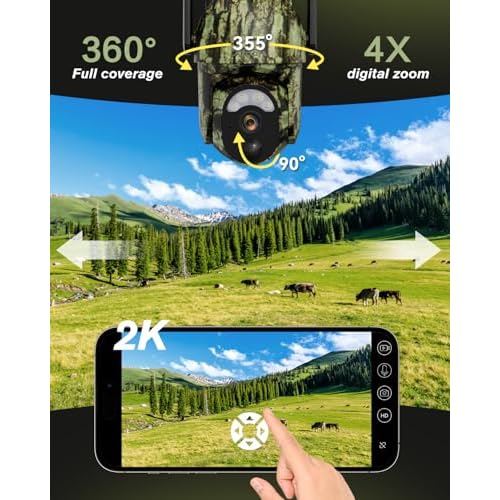Xega 4G LTE Cellular Trail Camera Built-in SIM Card, 2K No Wi-Fi Hunting Camera Solar for Wildlife, HD Live Streaming, PIR Detection, Instant Alarm, Color Night Vision, 2-Way Audio, IP66