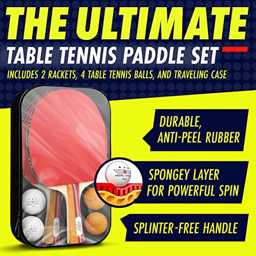 Professional Ping Pong Paddle Set with 2 Rackets, 4 Balls & Case
