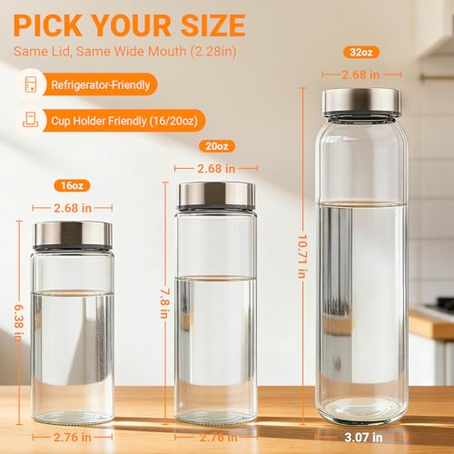 Cafezi 16 oz Wide Mouth Glass Juice Bottles with Stainless Steel Lids - Clear 6 Pack
