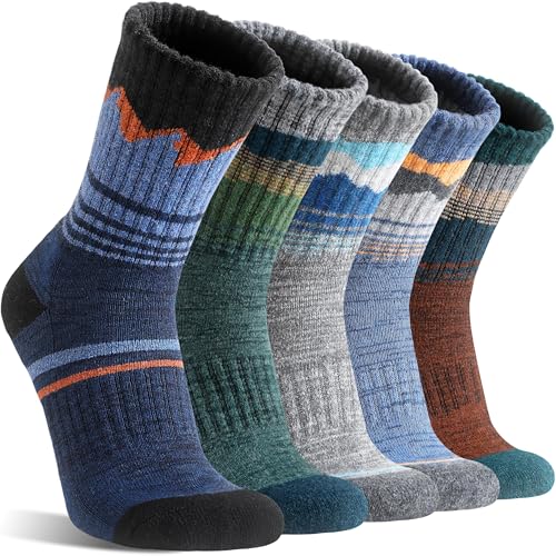 Merino Wool Hiking Socks 5 Pairs — Thermal, Moisture-Wicking Cushioned Crew Socks for Men