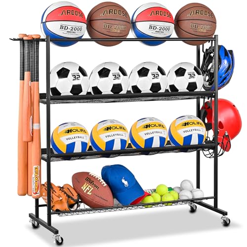 4-Tier Ball Storage Rack with Wheels for Garage & Sports Equipment