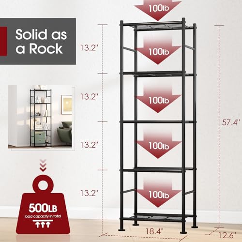 Storage Shelves - 5 Tier Shelf Organizer, Heavy Duty Garage Shelving Unit with Leveling Feet, Stable Metal Shelves Organizer for Pantry, Kitchen and Closet, 18.4" W x 12.6" D x 57.4" H, Black