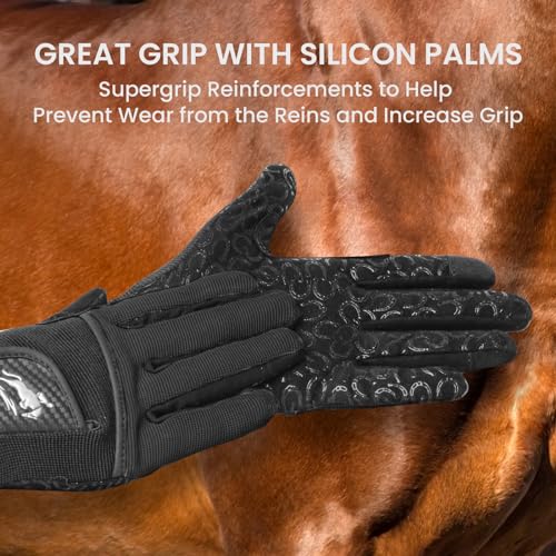 Horse Riding Gloves for Women - Extra Grip, Breathable, Medium - Black