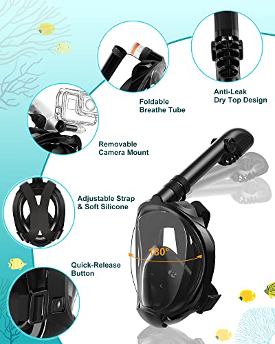 Full Face Snorkel Mask Set with Fins - Black L/XL, Travel Bag