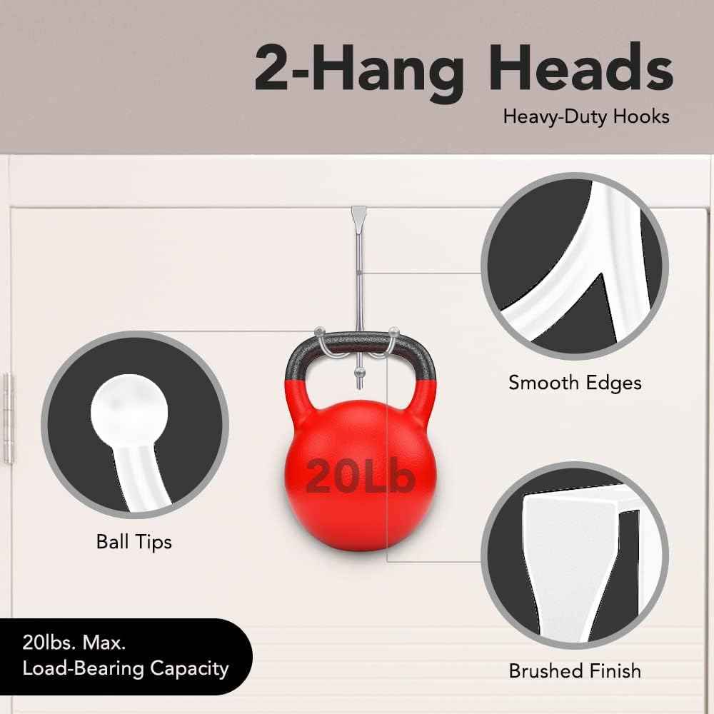 LEVAF 2-Pack Over The Door Hooks - with 2 Hang Heads & Snug Fit Pads Heavy Duty Hook for Hanging Coats, Towels, Caps & Robes - Elegant Matt Finish - No Drill Hanger Organizer - White