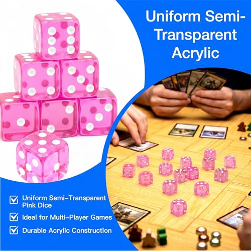 12 Piece Pink Translucent D6 Dice Set - Casino & Table Games