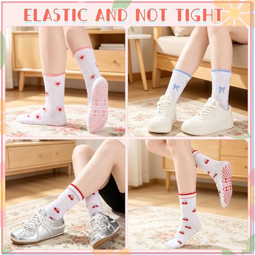 3 Pairs Cute Pilates Grip Socks for Women - Heart, Bow & Cherry