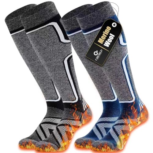 Cirorld Merino Wool Ski Socks for Men & Women, Large Black & Blue, 2 Pack, Winter Thermal