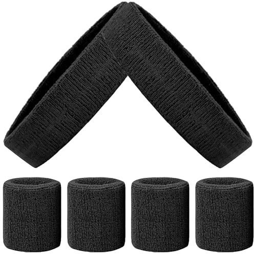 6 Pack Sports Wrist Sweatbands & Headbands Set - Black