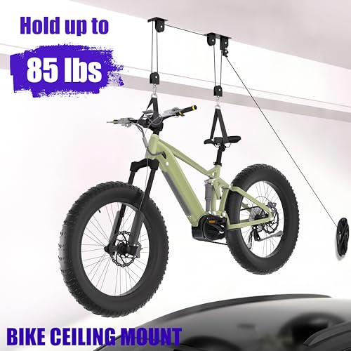 Bike Hoist, Heavy Duty Ebike Lift Pulley System for Garage Ceiling Overhead Storage for Bicycle, Ladders, Snowboard, Holds Up to 85 lbs Capacity, Fit 10-16 Foot High Ceilings