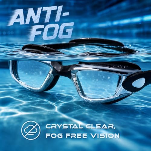 Jisucute Anti-Fog Swim Goggles for Adults with Ear Plugs - Anti-UV, Black