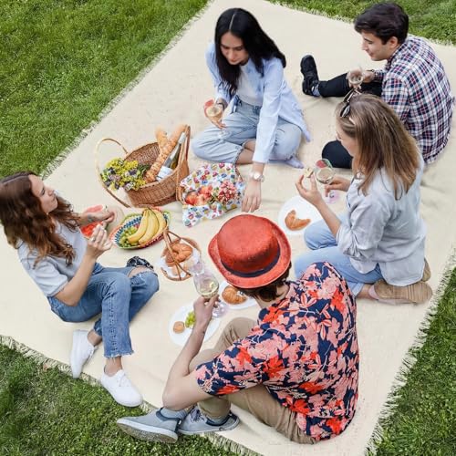 Hahafelt Extra Large Outdoor Picnic Blanket Oversize Beach Woven Cotton Yarn Blanket with Fringe Machine Washable Sandproof Portable for Spring Summer Camping Beach Park (Beige)