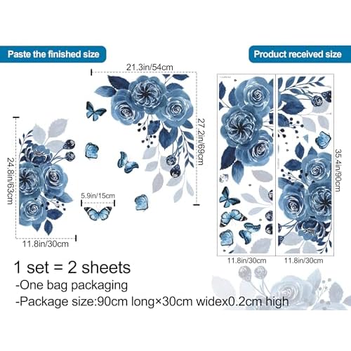 Flower Wall Decals - Blue Peony, Butterfly Rose, Floral Peel and Stick Removable Vinyl Decor for Girls Bedroom, Living Room, Kids Room