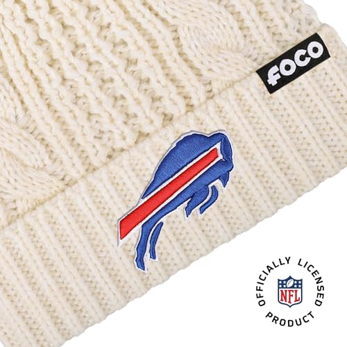 Buffalo Bills Cable Knit Pom Beanie Hat - One Size - White