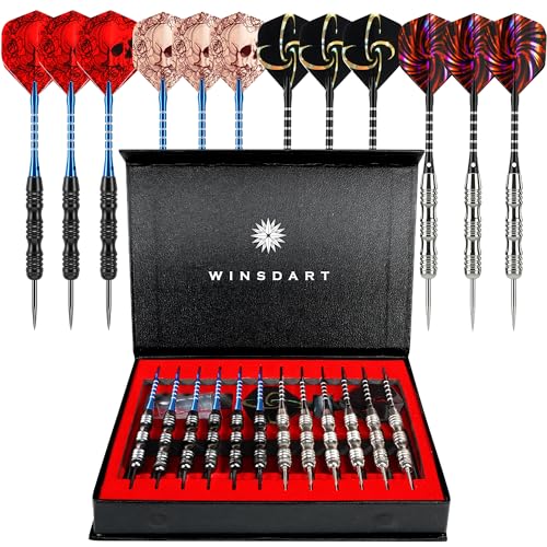 Steel Tip Darts Set - 12 Pieces 22g with Gift Box - Black & Silver