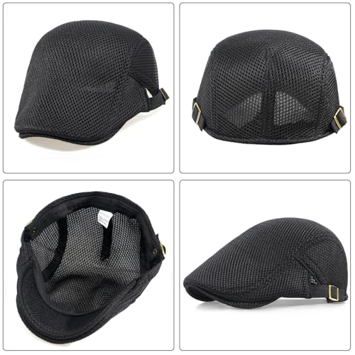 Xinveen Men's Black Mesh Newsboy Cap - Breathable Summer Ivy Hat, Adjustable
