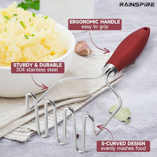 Stainless Steel Potato Masher with Non-Slip Handle - Red